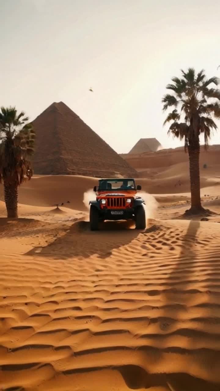 Tarzan in a vibrant orange jeep racing through golden sands of an Egyptian desert vibrant sun casting dramatic shadows ancient pyramids rising majestically in the background waves of heat shimmer above ground hidden treasures sparkle beneath shifting dunes enticing explorers with secrets of the past wild palm trees sway gently in the breeze reflecting lushness against arid landscape colorful birds soaring overhead adding life to the scene exhilarating journey unfolding with every turn of the wheels excitement palpable in this enchanting oasis of adventure