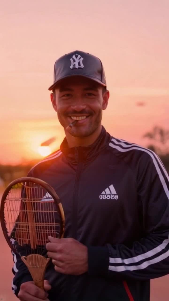 A dapper behemoth of a gentleman in an elegant adidas tracksuit topped with a polished baseball cap, with a cigar elegantly clutched in his mouth emphasis, closeup, holding a fancy bamboo racket for playing bamboozle, smiles charmingly at curious passersby against the backdrop of a picturesque sunset, bright shades of orange and pink paint the sky with a warm golden light, casting soft shadows that illuminate the scene, creating a unique emotional atmosphere hyperdetailed artistic style that captures every momentary nuance