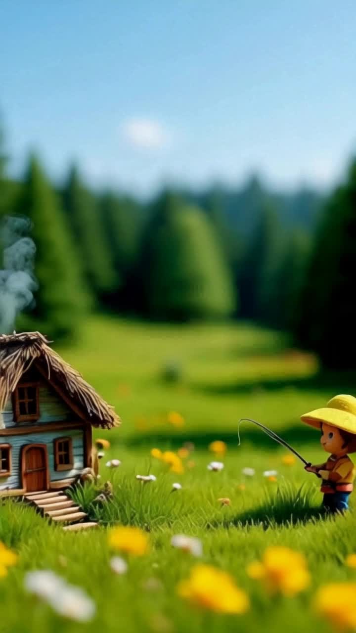 Tiny little house with a hand holding it and a tiny little girl with a fishing pole coming home in a beautiful field 