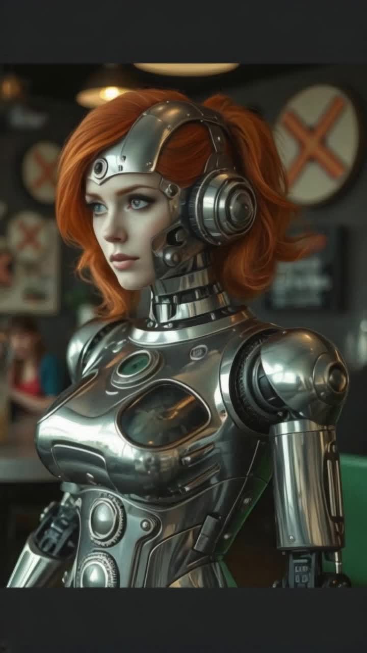 A beautiful red head woman, as a robot, siver metal and working gears visually as her body, she angrily walks, a Tim burton background, she waitresses robotically, at a black and green themed restaurant, serving food as people take advantage of her, shes holding a tray of food