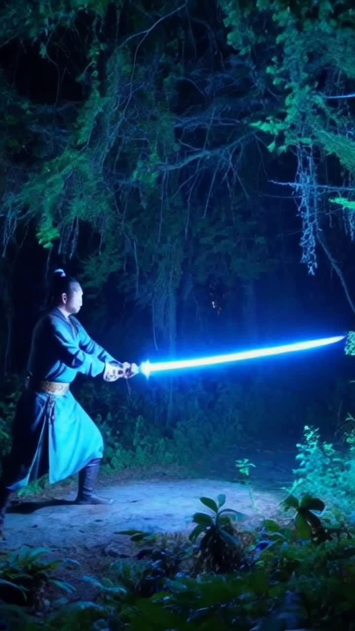 Master swordsman swings gleaming blade radiating vibrant electric blue light illuminating surrounding area Fluid movements demonstrate ancient wisdom refined over countless years Tremors of energy ripple through lush enchanted forest vibrant flora shimmering softly under magical illumination