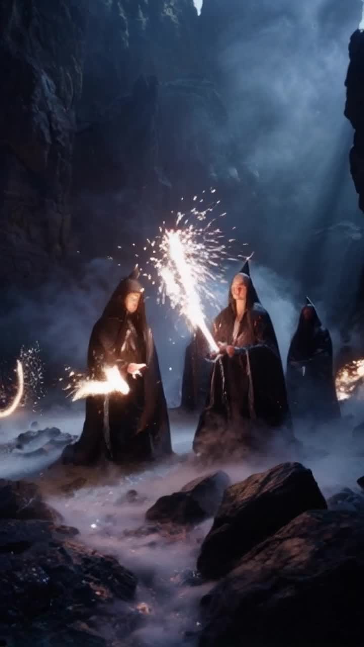 Witches with flowing robes and glowing eyes exude malevolence as they conjure spells Master with radiant aura stands firm deflecting dark magic Casting shimmering crystals that twirl in brilliant patterns illuminating the scene Mystical battleground filled with swirling mist and jagged rocks as light clashes fiercely against shadows Dark clouds loom above crackling with energy creating an atmosphere of suspense and power