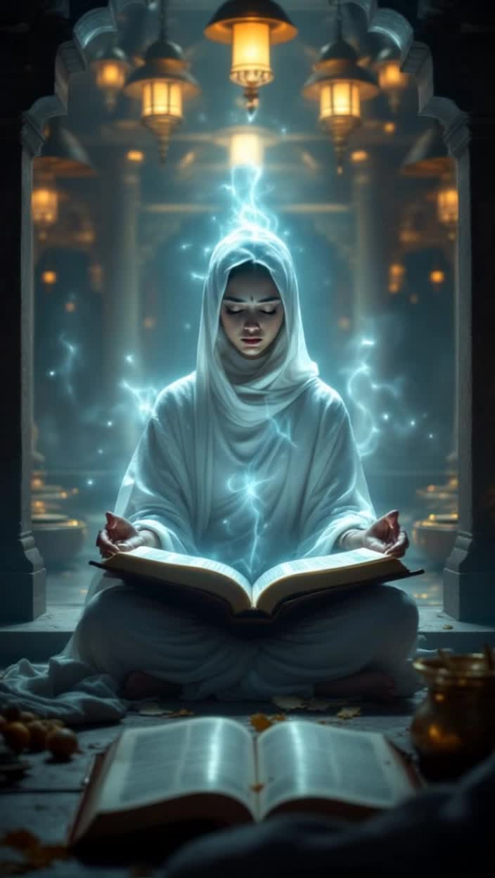 Sad girl seated in dimly lit room gazing at open book filled with daunting words  Slowly rising she walks through vibrant temple courtyard surrounded by soft drumbeats and ringing bells  Magnificent Mahagauri materializes dressed in radiant white glowing with serene strength  Eyes closed she meditates channeling inner peace and confidence transforming her expression into serenity  Confidently returning to her workspace she gently closes the book while uplifting music swells in triumphant celebration  Text appears invoking ancient Sanskrit with divine messages and strength capturing essence of belief and devotion