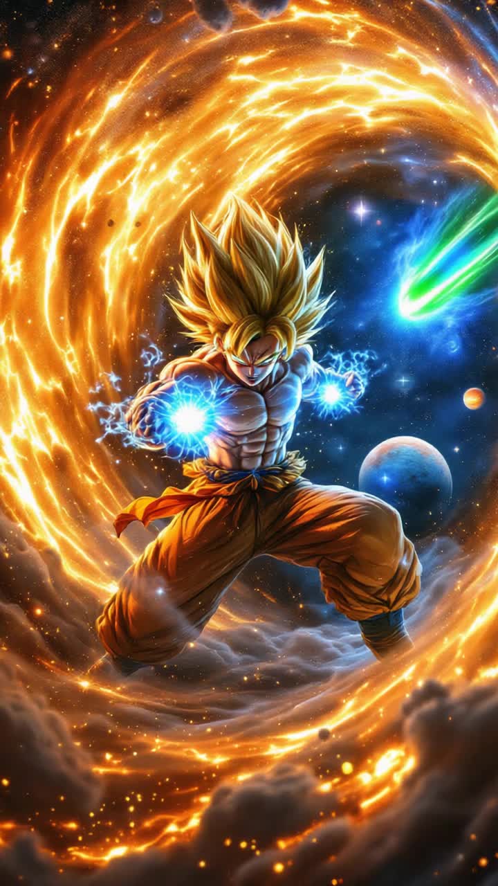 Super Saiyan warrior from 7th dimension with shimmering golden hair and muscular build emerges from swirling cosmic portal striking a powerful hero pose flexing toned muscles radiating vibrant atomic blue energy bursts Actionpacked scene with warrior surrounded by dazzling star clusters and a vibrant green comet streaking past Mars Background filled with shimmering galaxies nebulae glowing celestial bodies creating an otherworldly atmosphere