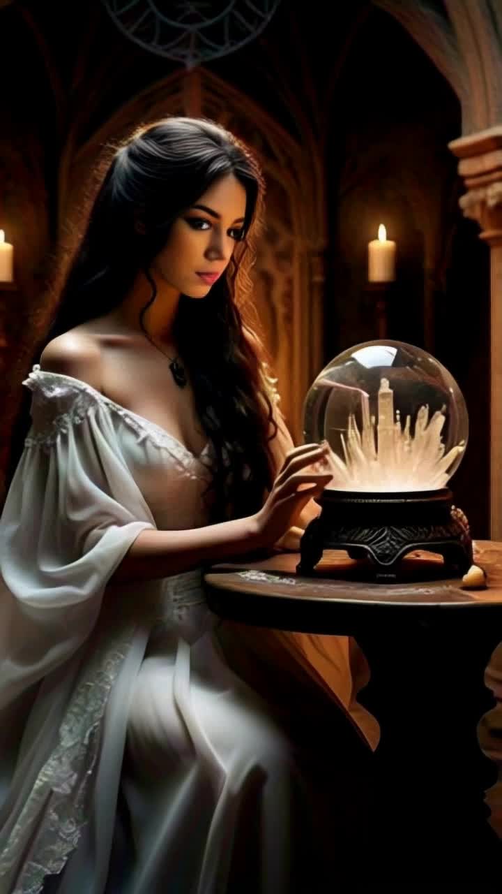 Elegant woman draped in flowing silk gown adorned with shimmering jewels gazes intently into mystical crystal ball swirling with vibrant colors and glowing light sparkles radiating around her illuminating her delicate features Ancient wooden table covered in rich velvet cloth surrounded by flickering candles casting enchanting shadows on ornate tapestries depicting celestial scenes