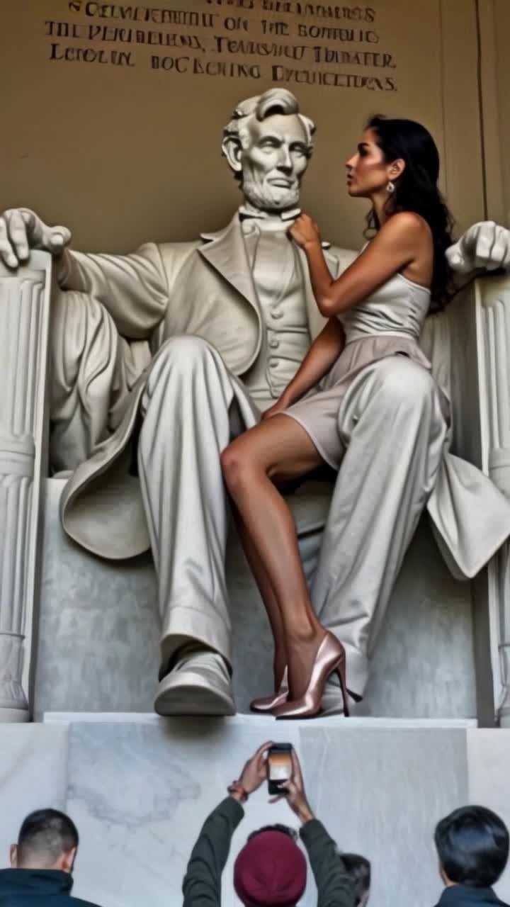 Woman in a vintage dress playfully perched on Lincolns lap with a mischievous grin Flirting by gently tickling his chiseled chin while pursing her lips in exaggerated affection Monumental Lincoln statue towering in a sunlit park surrounded by blooming cherry blossom trees soft petals drifting in the breeze creating a whimsical atmosphere filled with laughter and lightheartedness