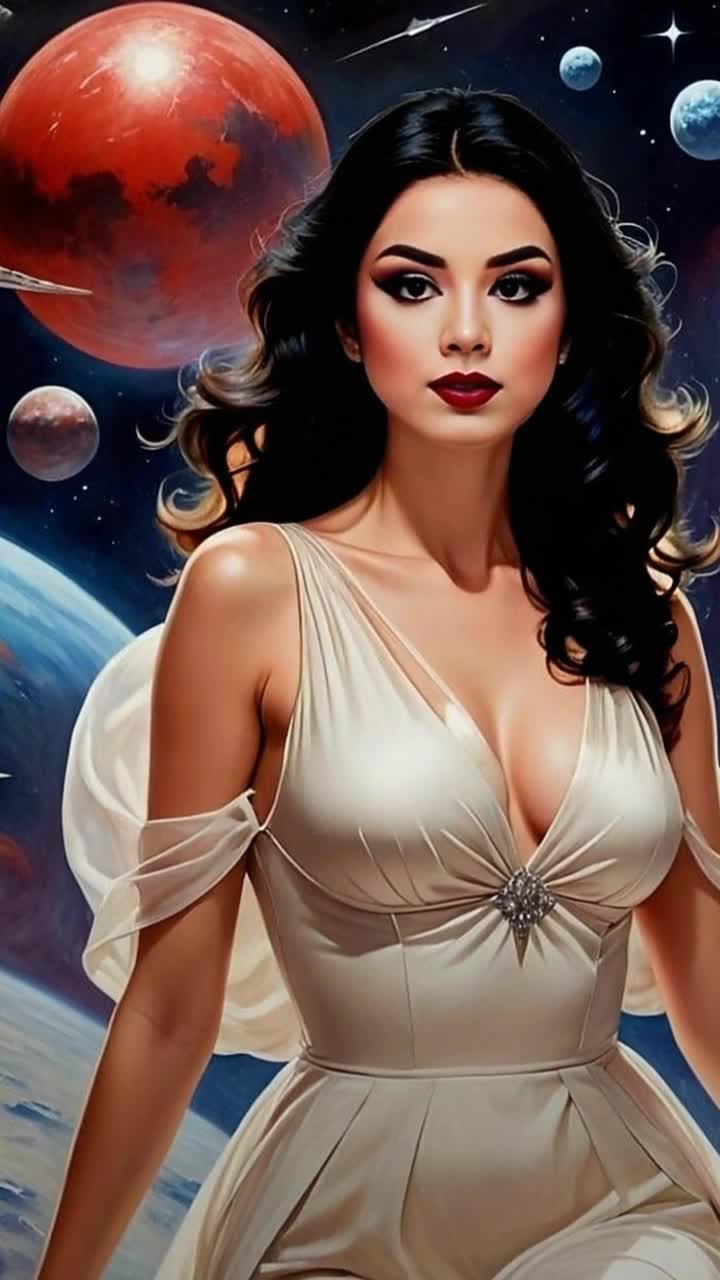 Graceful celestial woman adorned in shimmering ethereal attire gliding effortlessly through weightlessness surrounded by vibrant swirling planets and twinkling stars Soft cosmic light envelops her as she spins gently with hair flowing like stardust in the void Nearby, colorful nebulae pulse with energy illuminating her serene expression Each planet casts a unique hue reflecting off her delicate features creating an otherworldly atmosphere Distant galaxies shimmer faintly in the backdrop making her appear as an enchanting vision amid the vast expanse of space