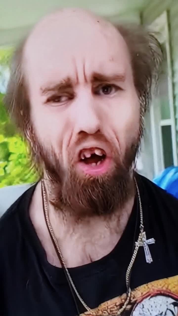 Skinny sickly goblin looking guy all Disheveled yelling insults from the porch,
