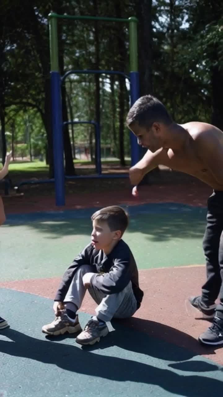 A small boy with scuffed shoes huddled alone on a playground surrounded by laughter and jeering faces Action a taller boy flexes his muscles tauntingly while pointing at the boys shoes Shadows of nearby swings stretch long as sunlight breaks through the trees creating a stark contrast between bright playfulness and dark emotions