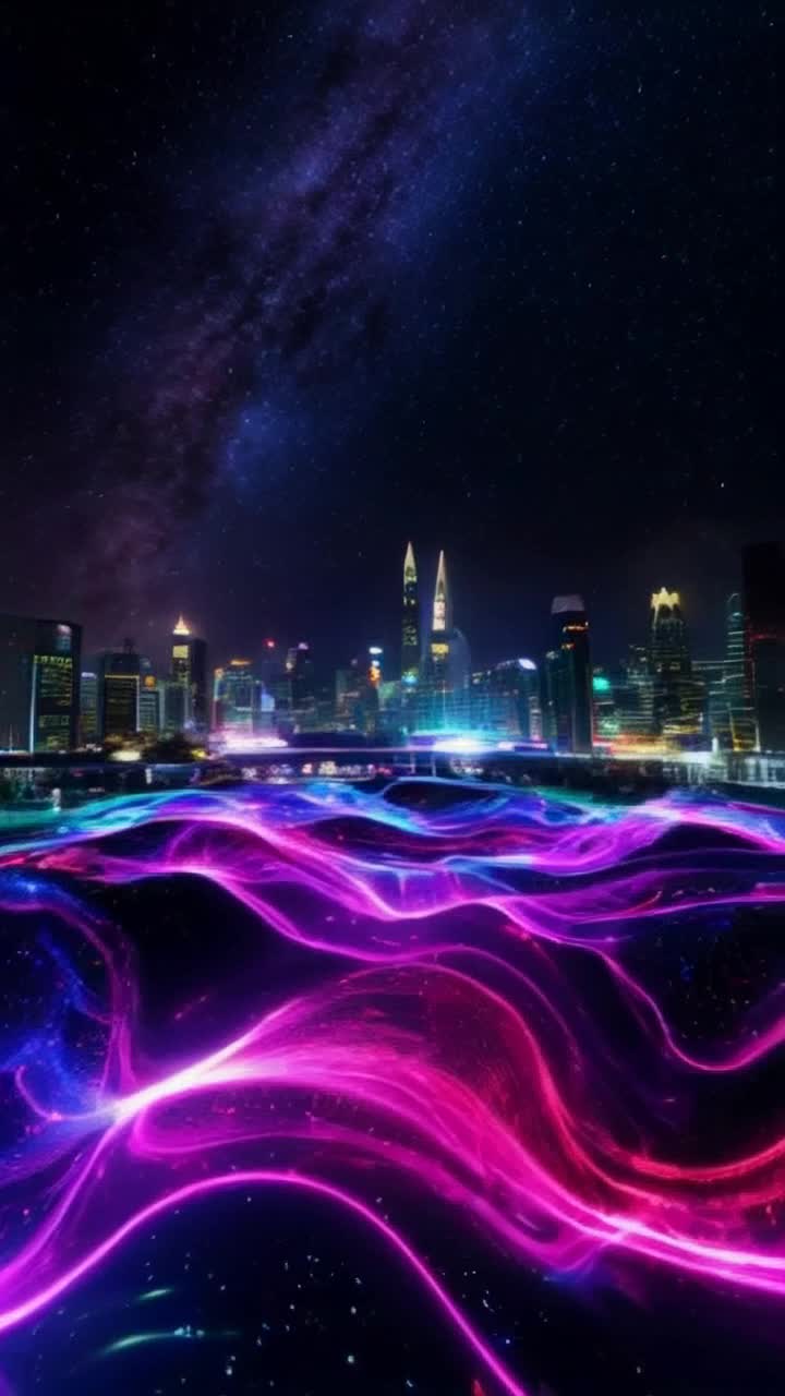 Vibrant digital landscape filled with swirling colors and pulsing shapes Dancing geometric patterns flicker and morph in sync with an unseen rhythm Futuristic city skyline glimmers in the background under a starry sky with glowing neon lights illuminating the scene