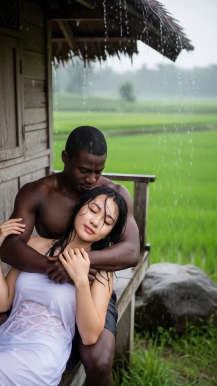 heavy rain, man hugs woman tightly romantically