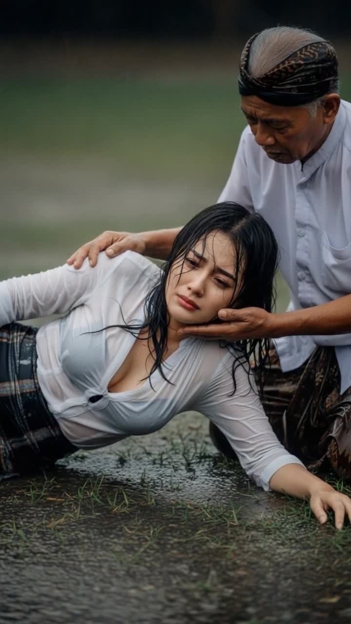 The rain is captured in motion, with raindrops visibly streaking down across the frame The womans wet hair clings to her face as she fights through her emotions The grandfathers hand, strong yet tender, contrasts with the womans fragile position The puddles reflect the chaos of the rainstorm, enhancing the dramatic intensity of the moment