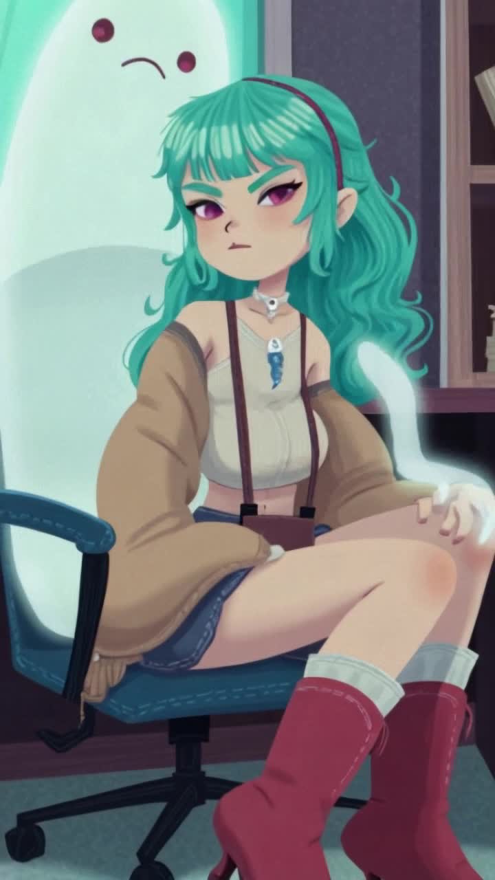 An arrogant and cheeky expression, defiant dark pink eye color, a glowing apparition latching onto the human girl, the girl has a conversation with apparition, oddly charged atmosphere, sitting in the school office lounge, high quality resolution, 1080 pixels, description by csherriereevoices 