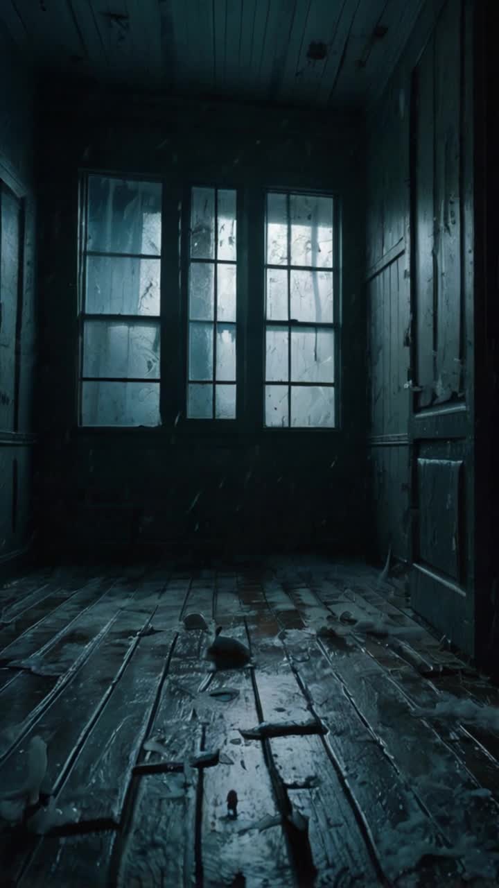 Damp corridor shrouded in shadows stretches through a longabandoned manor Walls adorned with peeling paint tell tales of forgotten times Floor groans and shifts beneath a spectral breeze Bluish mist rises from the end coiling like a ghostly serpent Cold frost creeps across warped floorboards curling around shattered windowpanes Unseen chill manifests into hauntingly elegant limbs every surface glimmering with frozen dew Atmosphere thick with pervasive dread echoes a history long buried Gothic architecture looms ominously in wintry stillness Light dances through cracks illuminating haunting details creating an epic cinematic experience