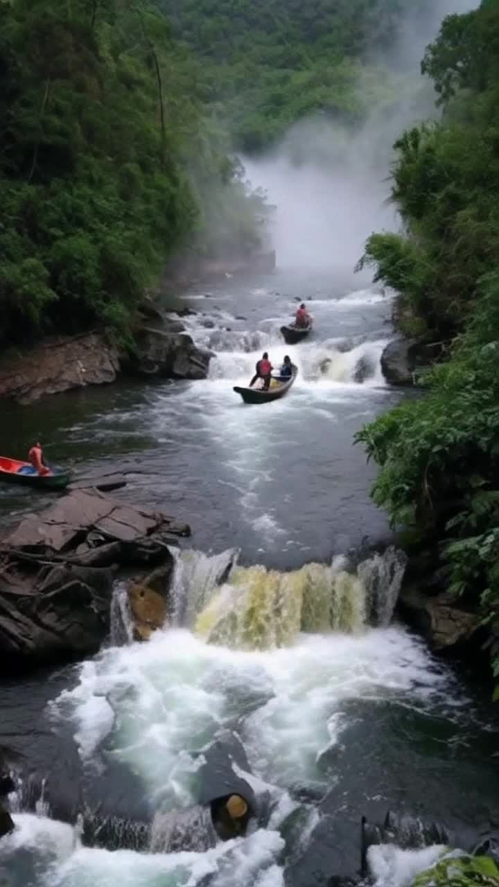Thrilling action heroes navigating treacherous waterways five daring adventurers leaping from one boat to another evading capture dynamic movements and suspenseful expressions rippling river reflecting dappled sunlight lush jungle foliage towering around vibrant exotic wildlife rustling in the underbrush distant sounds of roaring waterfalls creating an exhilarating atmosphere dense mist rising from the water adding an air of mystery as danger lurks just beneath the surface