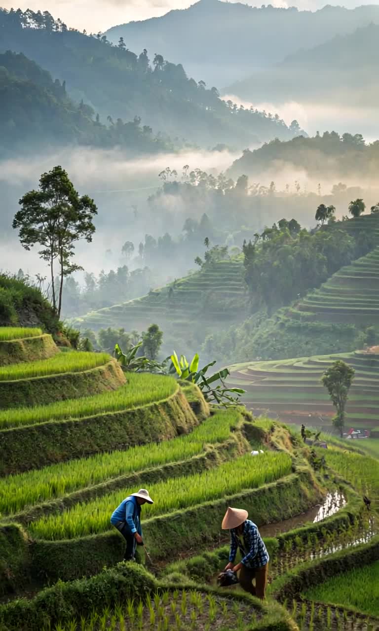 mist and people working in the rice fields