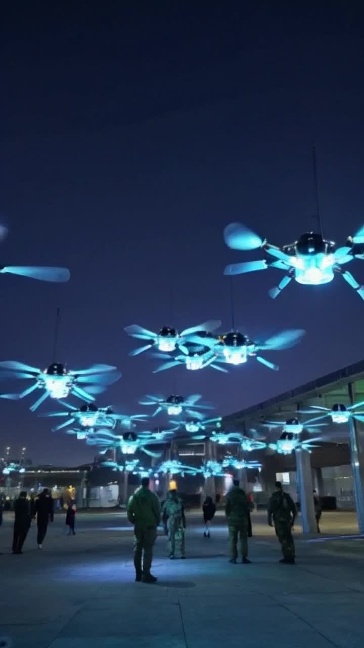 Swarm of luminescent insect drones glimmering in vibrant hues hovering effortlessly above Military reconnaissance personnel observing in awe Advanced urban landscape dotted with hightech structures shimmering under a twilight sky
