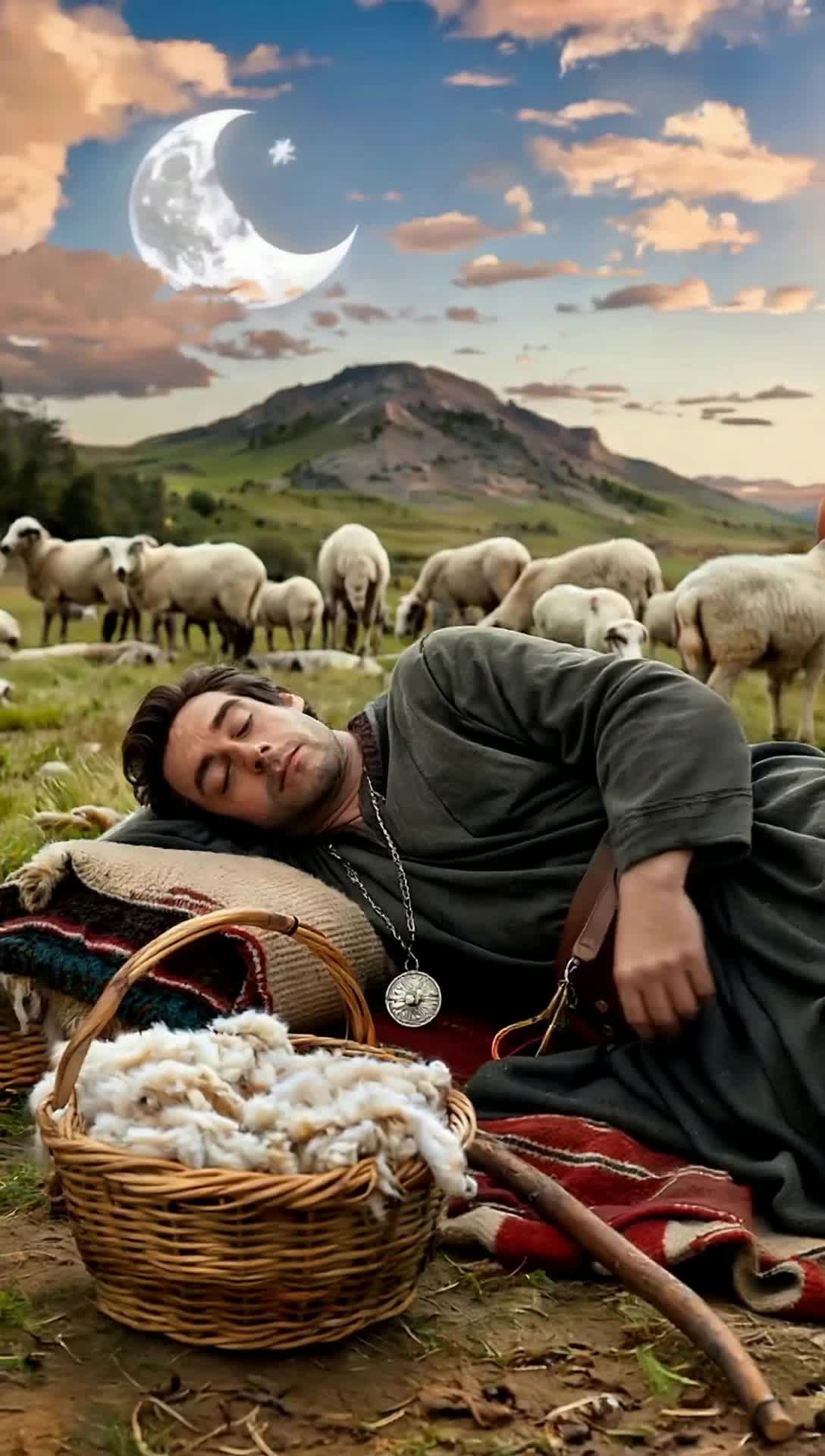 a shepherd sleeping and dreaming about selene the greek moon goddess