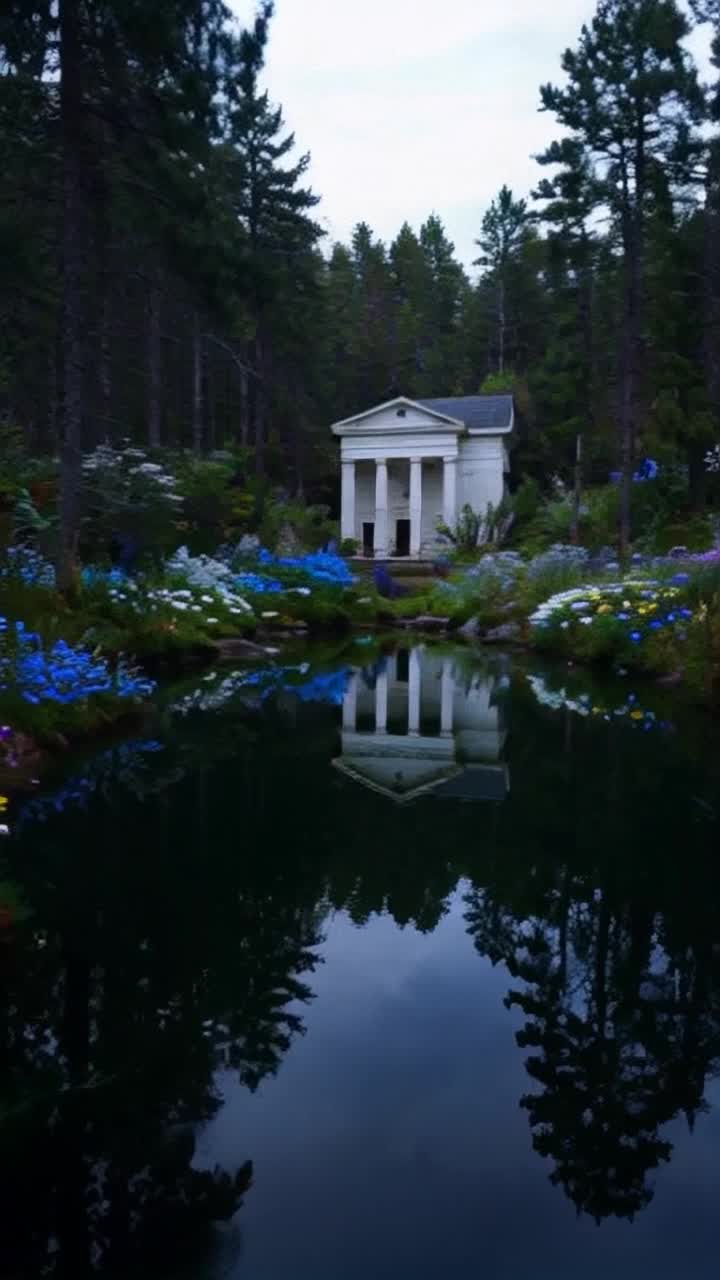 A beautiful pond in a deep dark mysterious forest in the Northern USA The pond has a reflection of a beautiful white Roman style building  with columns The realistic forest is full of diverse plants including pine trees, cedar trees, birch trees, ferns , mosses and diverse wildflowers that are white, blues, purples, pinks,  and yellows  There are gorgeous electric blue butterflies flying around delicately