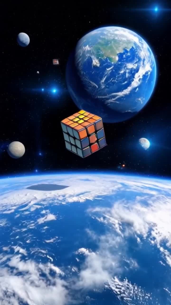 Colorful Rubiks cube spinning gracefully Unraveling complex patterns as it orbits Blue planet shimmering below Surrounded by twinkling stars in vast cosmic space Soft glow illuminating from Earths atmosphere Exuding warmth and life Captivating viewers eye as vibrant cube dances through celestial darkness Cosmic ballet of color and movement against serene backdrop of night sky Expansive view showcasing curvature of Earth with swirling clouds and shimmering oceans Enigmatic journey blending challenges of puzzles with wonders of universe