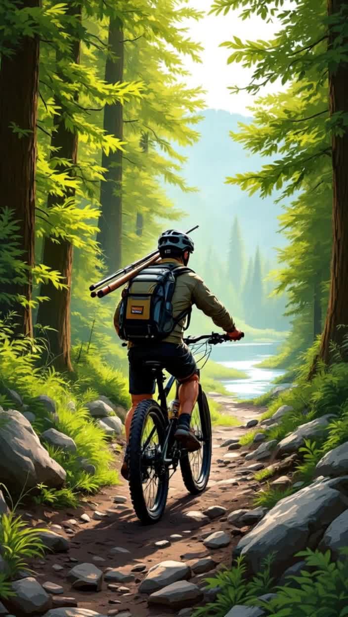 Mountain biking with fishing poles