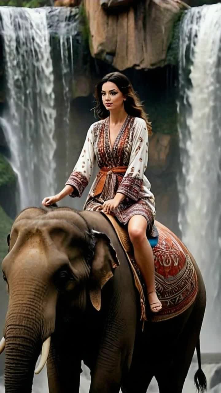 Graceful woman adorned in vibrant silk, riding a majestic elephant, exuding elegance and poise, cascading waterfalls glistening under sunlight, lush greenery surrounding them, mist rising from crashing water, rainbows forming in the spray, birds soaring overhead, tranquil atmosphere creating harmonious connection between rider and creature, vibrant flowers dotting the landscape, dappled light illuminating the scene, gentle sounds of nature enhancing serenity, an enchanting moment captured in time, showcasing beauty and strength intertwining through adventure in an idyllic paradise