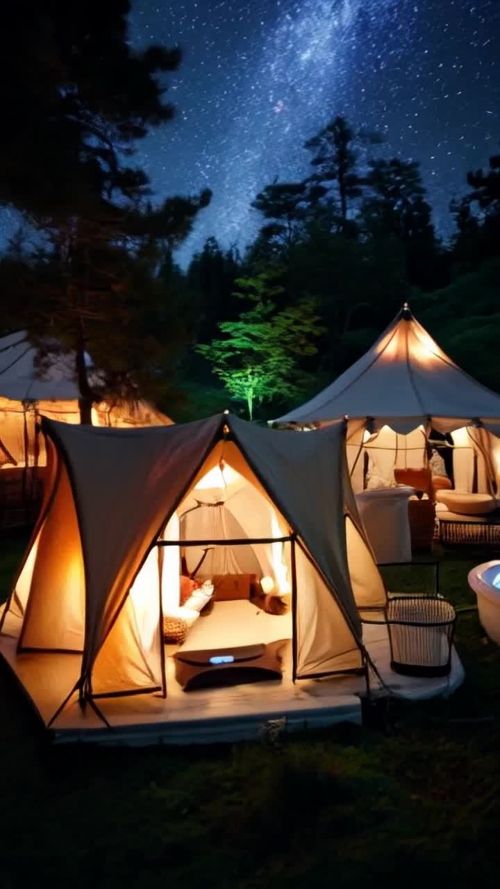 Luxurious tents adorned with plush bedding elegant furniture warm glowing lights inviting jacuzzi nestled under starry sky couples enjoying cozy evening surrounded by nature vibrant openair festival pulsating with energy Joyful laughter mingling with soothing sounds of nature creating the perfect escape tranquil forest setting lush greenery enhancing relaxation inviting pathways leading to serene spots perfect for unwinding moments creating an idyllic atmosphere for rejuvenation ideal blend of comfort adventure blending aesthetics with natures beauty creating unforgettable experiences while resetting the system