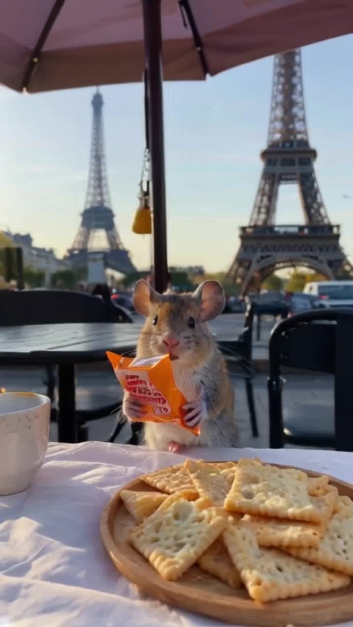 A cute little mouse , sits at a table with a tiny cup of coffee before him at mouse outdoor cafe The mouse holds a mouse sized packet of orange colored cheese crackers and holds up a tiny can of cheese spray, quickly opens the crackers to stay cheese and eat as a waiter mouse approaches holding a tray with a real wheel of cheddar and fresh bakery crackers The waiter mouse puts his nose up in snooty offence as he sets the tray down on the table and walks oddly away Maybe theres a mime mouse playing an invisible accordion and the Eiffel tower is far in the distance, sunny morning