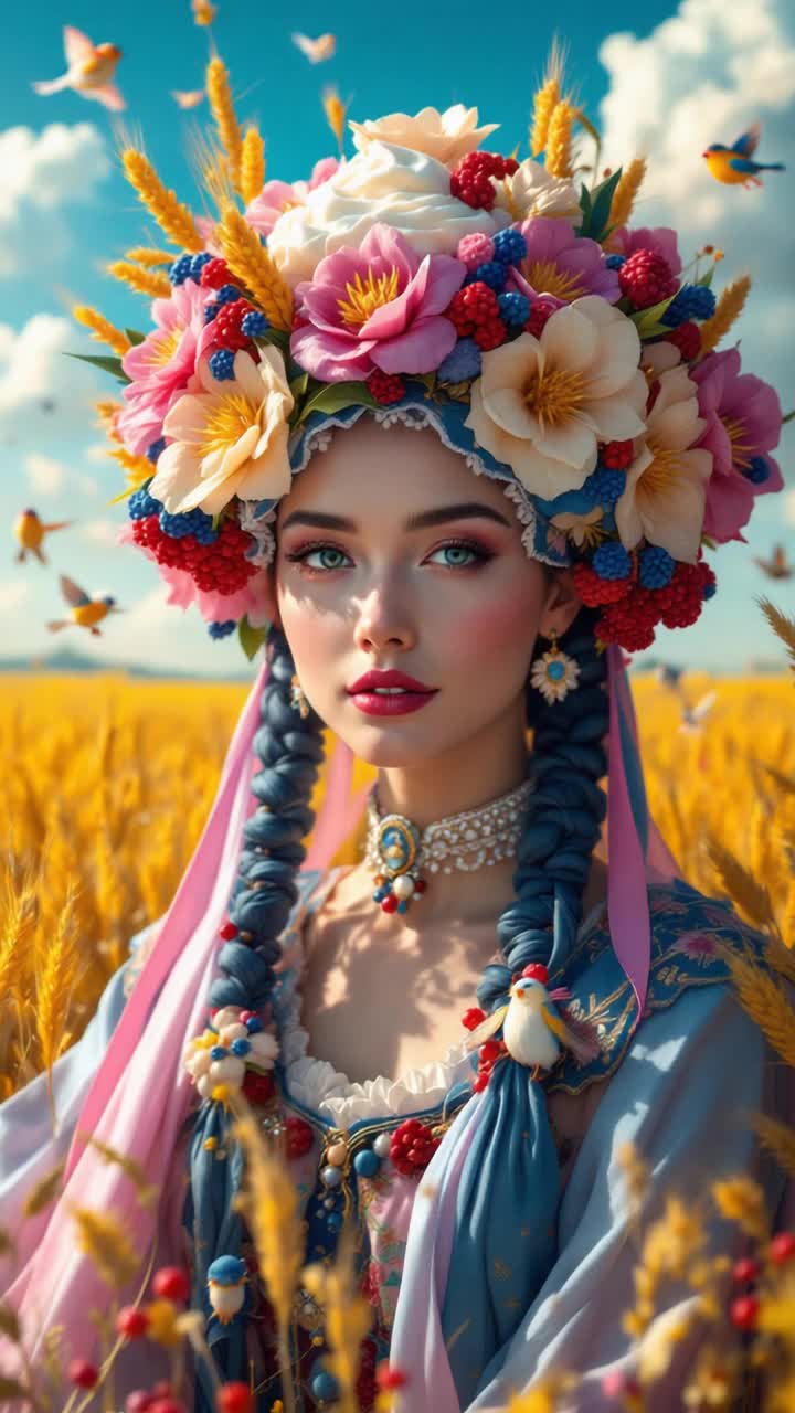 Vibrant headdress adorned with golden wheat cakes flowers crafted from beet porridge dumplings shaped like embroidered blossoms topped with lard crowned by a cloud of sour cream Long elegant ribbons flowing gracefully Bright juicy viburnum berries adding colorful accents hidden within a landscape painted in the whimsical style of Maria Prymachenko Featuring playful birds and symbolic creatures all around Rich wheat fields swaying under a sunlit sky Cinematic lighting enveloping scene in depth celebrates Ukrainian heritage Infused with joy and festivity invoking a sense of unity and pride add surrealism