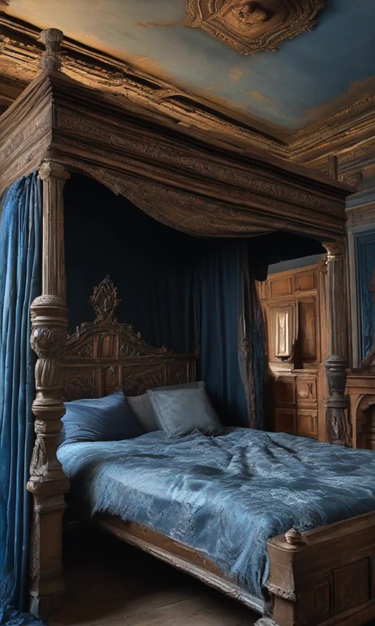  A replendant ancient English bedroom with beautiful wooden panneled walls and dusty crumbling wall hangings of predominantly blue There is a huge wooden four poster bed with rotting  blue brocade fabric on the bed and on the bed frame There is  a huge black  marble fireplace mantle with columns, there are  wooden carved dressers topped with marble and ornate wooden cabinets and shelves with antique books, there are sculptures, pictures , and such details as large ceramic pitchers and bowls, chamber pots, a huge lovely antique wooden armoire dominates the room The windows are tall with leaden panes and rotted once rich looking dark blue velvet draperies swaying