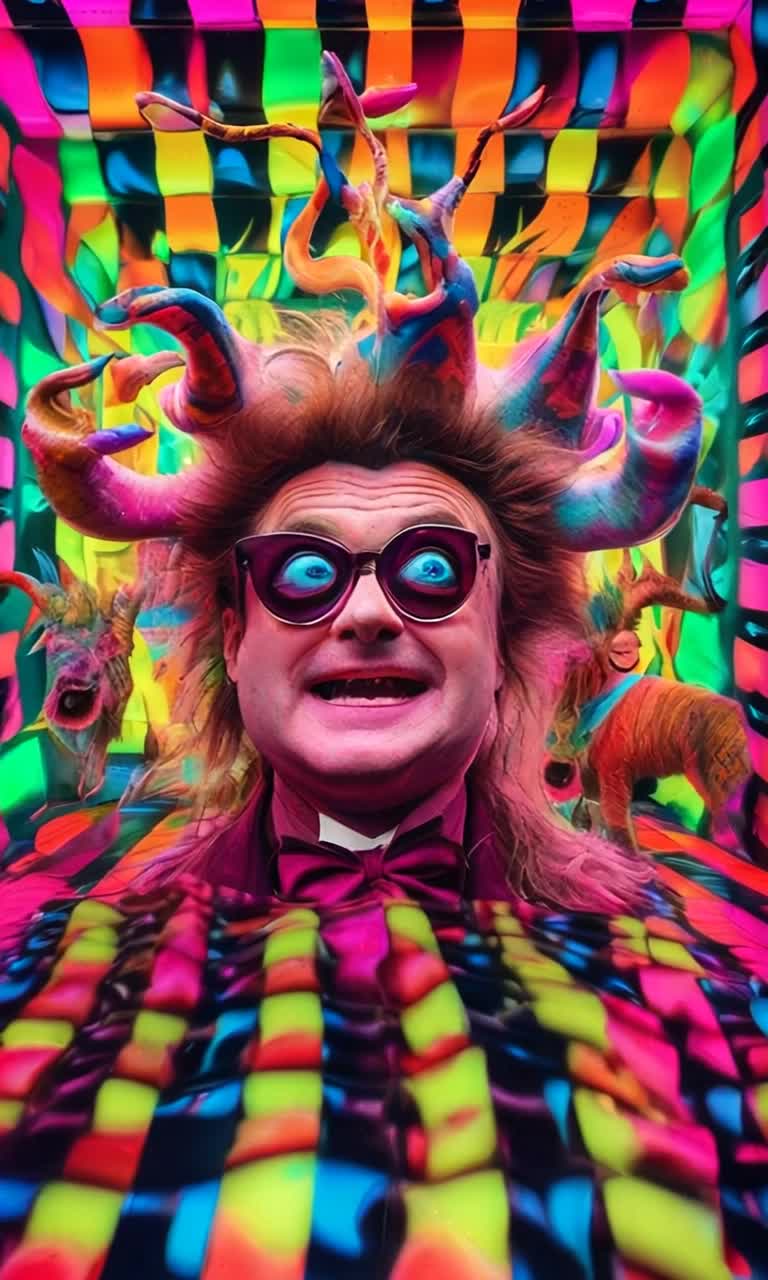 Grotesque creatures with drooping snouts twisted horns long tails adorned in vibrant mod 1960s attire collide in chaotic banter and laughter amidst zany psychedelic game show atmosphere Colorful oversized squares flash neon lights from a backdrop overflowing with psychedelic patterns rich in vibrant hues echoing vintage television sets Ridiculous challenges unfold as these bizarre contestants drool squabble and engage in comical displays of charm and horror capturing the absurdity of this parody