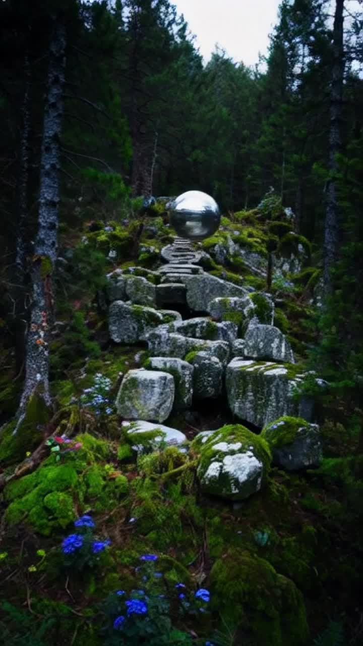 A beautiful deep dark mysterious forest in the Northern USA The forest is full of varied trees and plants including pine trees cedar trees oak trees mosses ferns bushes  and vines as well as gorgeous wildflowers of white, blues, pinks , purples, and yelllows  Amidst this beautiful scene a beautiful three and one half foot shiny silver ball floats in midair there is also an ancient stonehenge like structure of grey rocks covered in moss partially knocked down a hill covered in green vines and tangled in trees and vines the underbrush and the stones 
