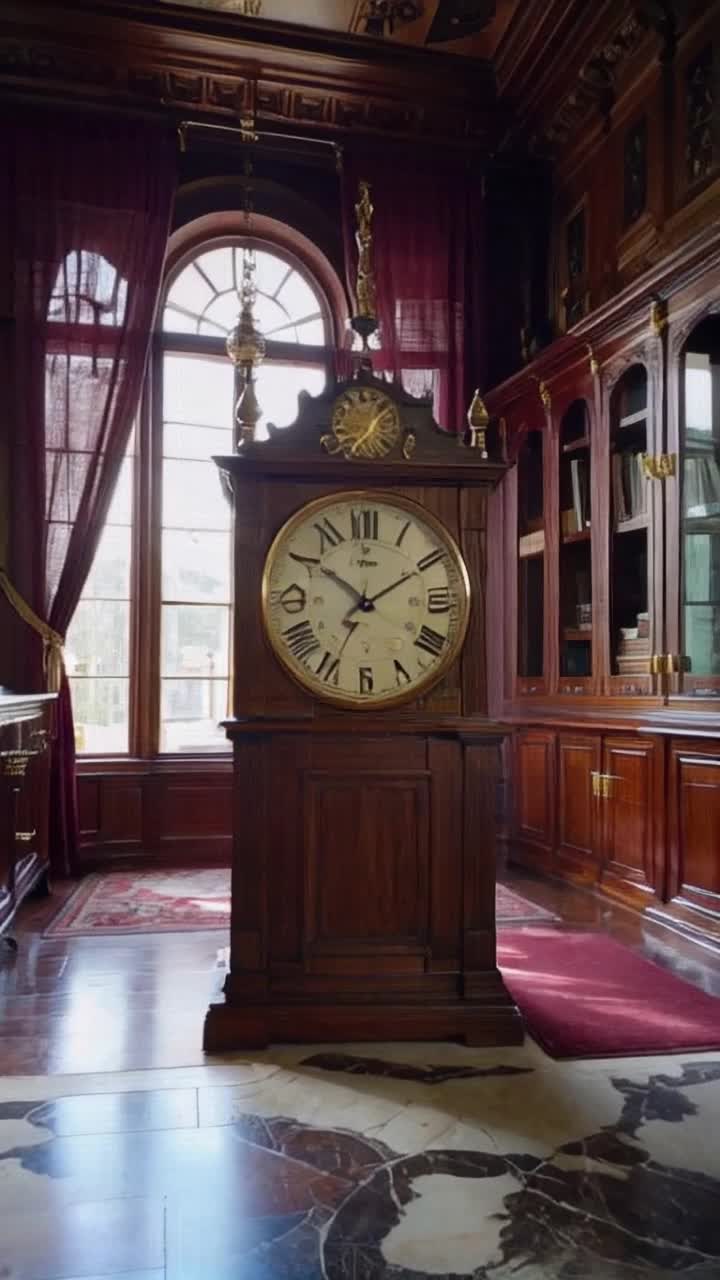 A beautiful large grandfather clock with gold Roman numerals  and dials The face is ivory colored and the clock is encased in very beautiful rich mahogony wood The clock is stuck at 12 minight the gorgeous clock is in a respendant  library room of an ancient English mansion with marble floors The intense huge full moon is shining on the large clock from the huge old fashioned windows There are rich long maroon draperies with golden tassels the curtains are not closed but open an illuminating the room