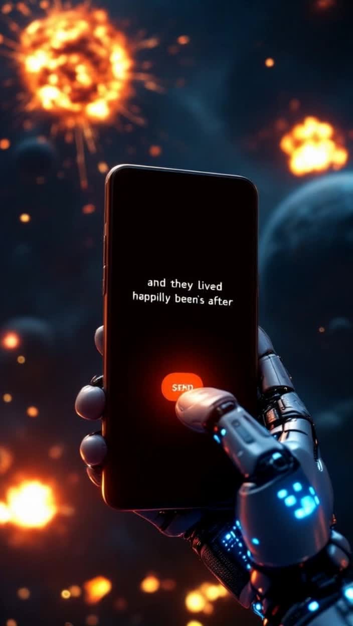 What could happen if a prompt goes horribly wrong, not that a robot hand is typing something in its Android smartphone and with increasingly shaking robot hand digits, finishes a last sentence with , and they lived happily ever after, then shakily taps the send button and from outer space, the whole planet and solar system bursts into multiple explosions