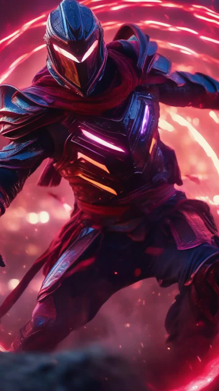 Warrior clad in shimmering armor wielding a pulsating blade emits neon bursts of light every strike dances through chaos  Electric red gel lighting illuminates a shadowy battlefield swirling with dark magic vibrant explosions illuminate swirling shadows as spells fly past whirling around in a breathtaking display of agility breathtaking choreography of combat unfolds amidst the chaos an epic clash of light and darkness