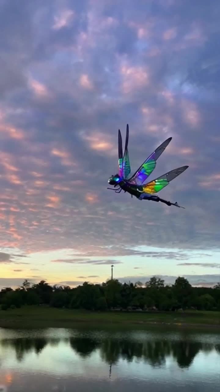 Vibrant robot dragonfly with an iridescent steel body reflecting prismatic hues soaring through the sky, performing extreme aerial maneuvers across a shimmering sunset landscape, iridescent wings pulsing with mesmerizing glow patterns that shift in rhythm, clouds parting to reveal a kaleidoscope of colors, casting dynamic shadows on a tranquil lake below sparkling with reflections of the vibrant sky, creating a sense of wonder and futuristic elegance