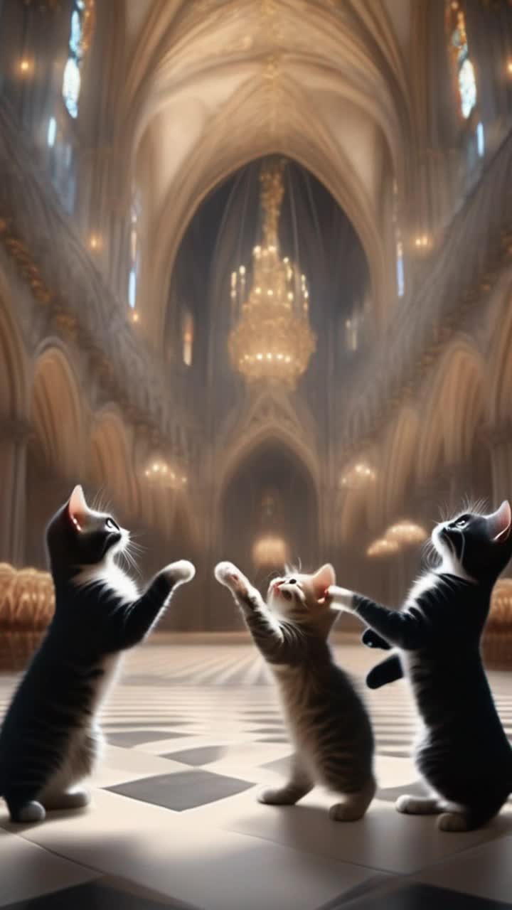 Three kittens in black tuxedos are ballroom dancing in the most elegant of cathedrals while the music plays in the distance 