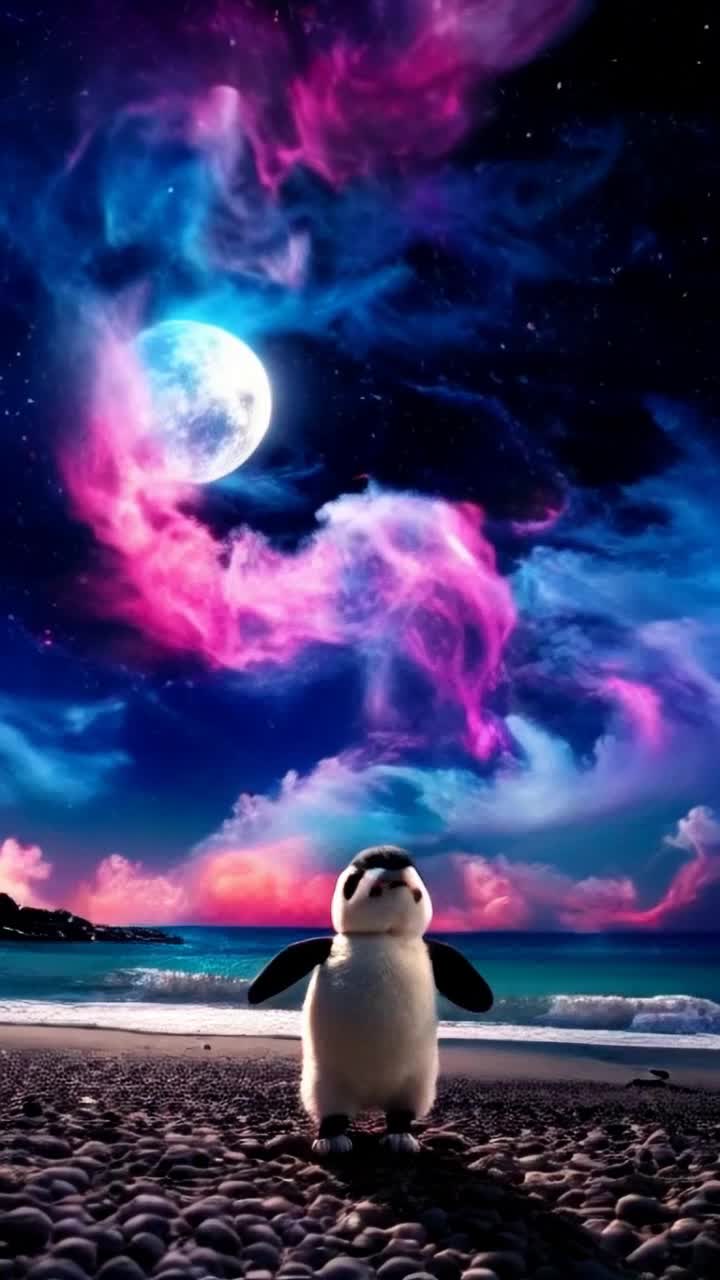 Adorable plush penguins dancing joyfully under moonlight shimmering on Waikiki beach Vibrant colorful stardust sparkles as it swirls through the night sky Cascading nebulous clouds paint a vivid canvas of surreal hues creating an enchanting backdrop Continuous mesmerizing loop captivates viewers drawing them into the dreamlike atmosphere