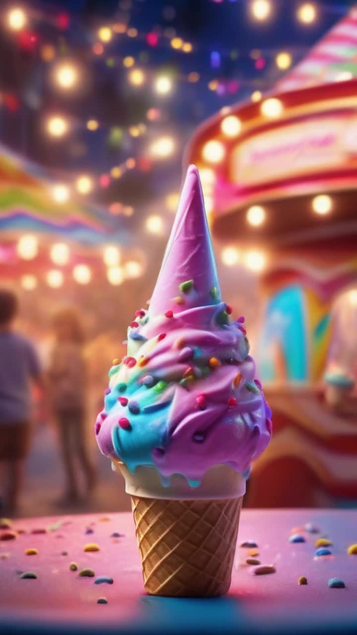 Colorful oversized ice cream cone adorned with sprinkles and a cherry atop exuding charm Radiates warmth and delight as it spins slowly basking in adoration Bright carnival setting filled with twinkling fairy lights surrounded by enthusiastic children gazing in awe capturing the whimsical nature of this deliciously divine creation