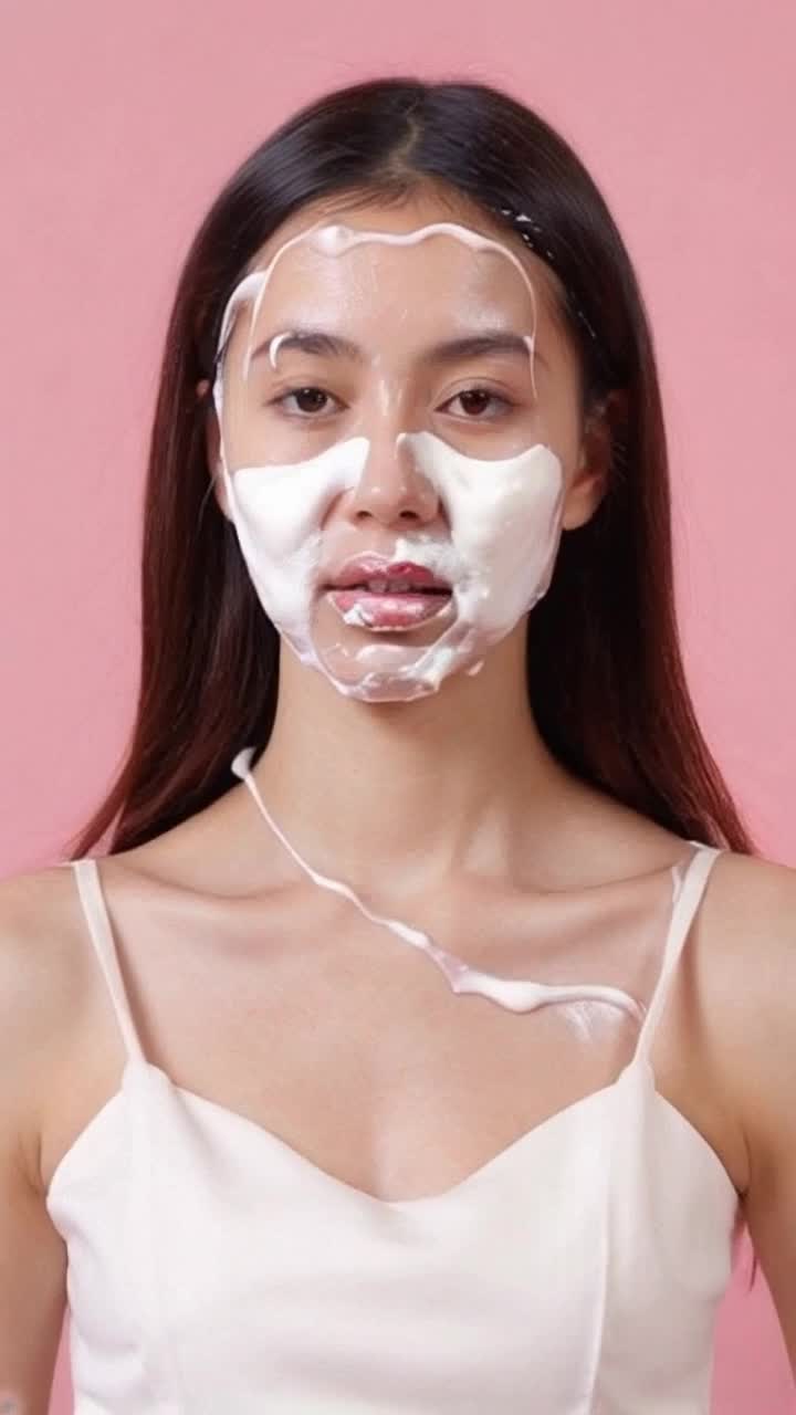 White cream dripping down her pretty face and tight body