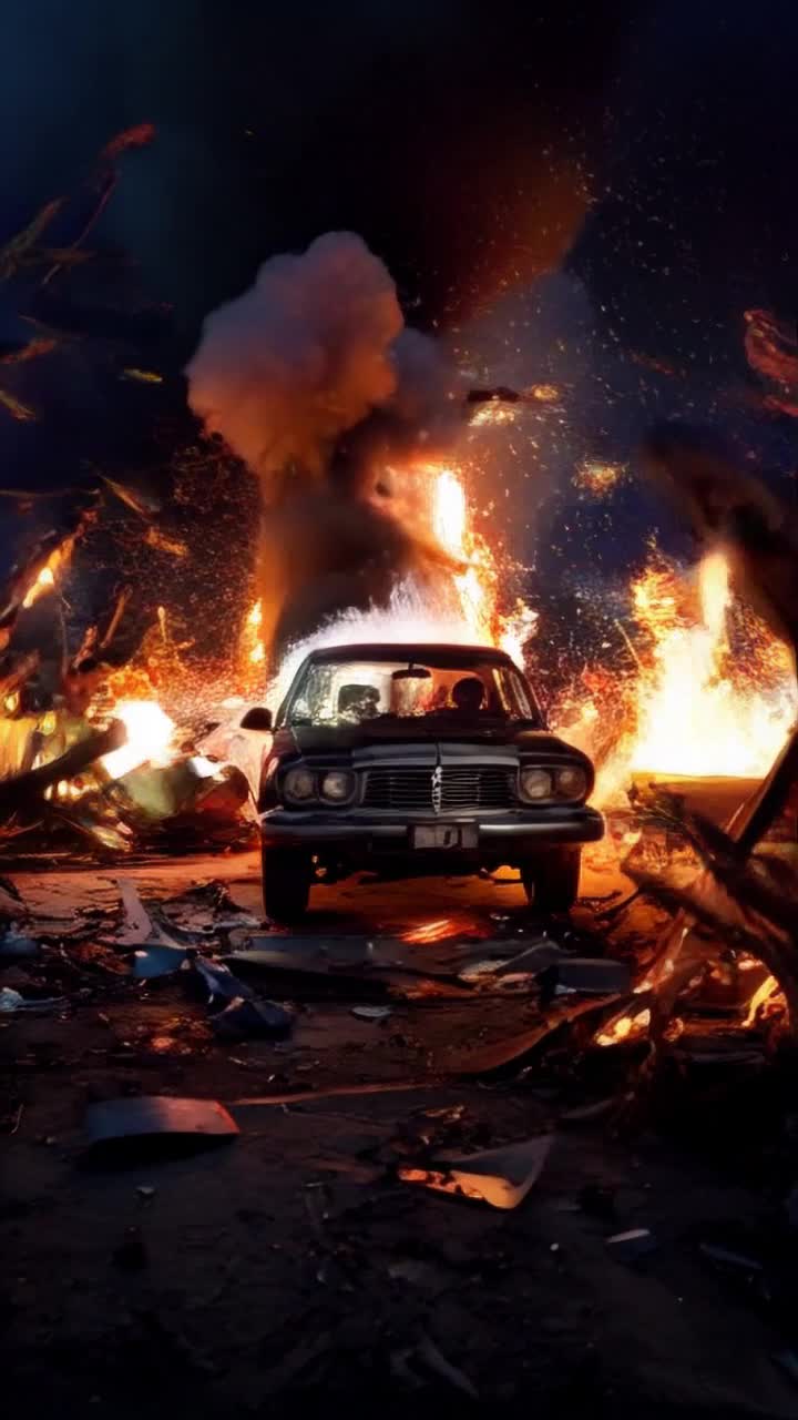 Vintage Ford Pinto ablaze with fiery infernos surrounding shattered metal debris spiraling through night sky chaos engulfing scene horror etched on onlookers faces as they flee in terror darkness illuminated by fiery explosions smoke billowing into the atmosphere as shards of glass rain down ground charred remnants behind witness to destruction emotional cacophony of gasps and screams echoing amidst devastation vivid flashes of orange and red coloring the landscape surreal aftermath of tragedy thick smoke mixing with adrenalinefilled fear