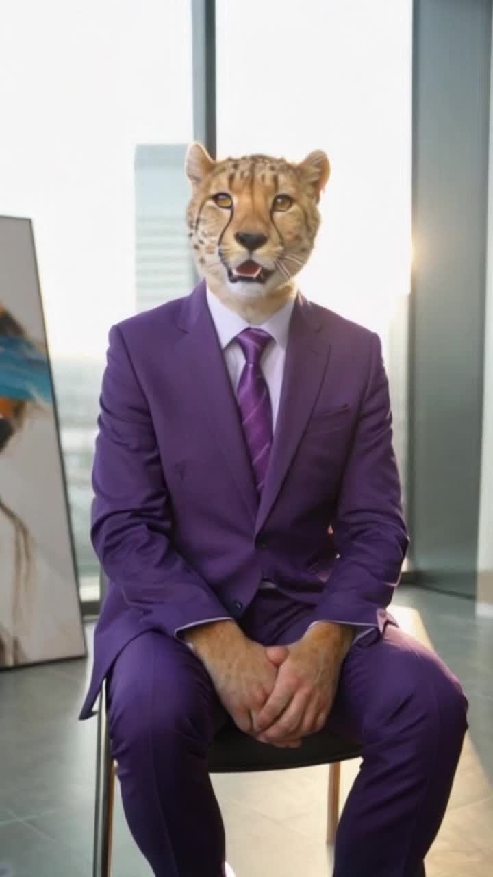 Bipedal anthromorphic cheetah exuding confidence dressed in sleek tailored purple business executive suit lounges and rocks thoughtfully in plush leather rocking chair,  surrounded by modern art pieces and large panoramic windows showcasing a city skyline bathed in golden sunlight flickering off glass buildings slight rustle of paper and the faint hum of a city below creating a lively ambiance
