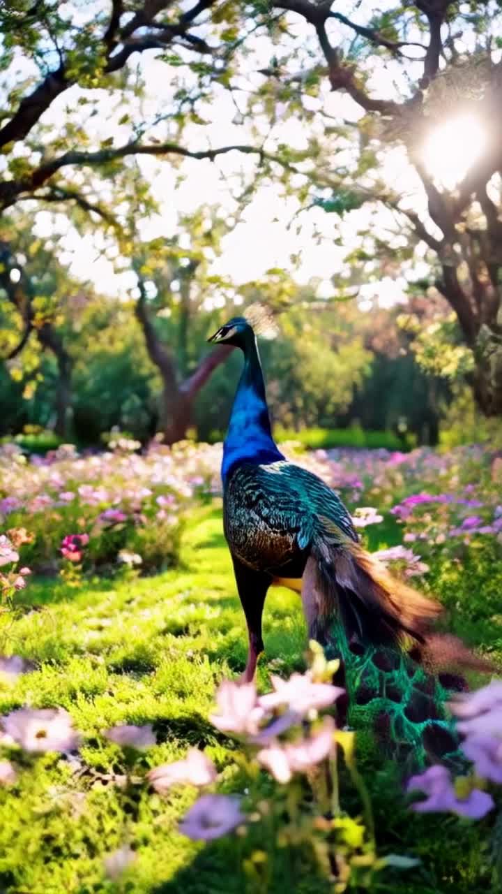 Majestic peacock strutting proudly revealing magnificent radiant plumage showcasing vibrant hues of blue green gold Tail feathers shimmer elegantly under brilliant sunlight each eyelike pattern dances capturing mesmerized onlookers Lush garden alive with blooming flowers swaying gently in soft breeze leaves rustling creating a tranquil enchanting atmosphere Golden rays filtering through blossoming tree branches casting playful shadows over vibrant petals adding depth to this captivating scene
