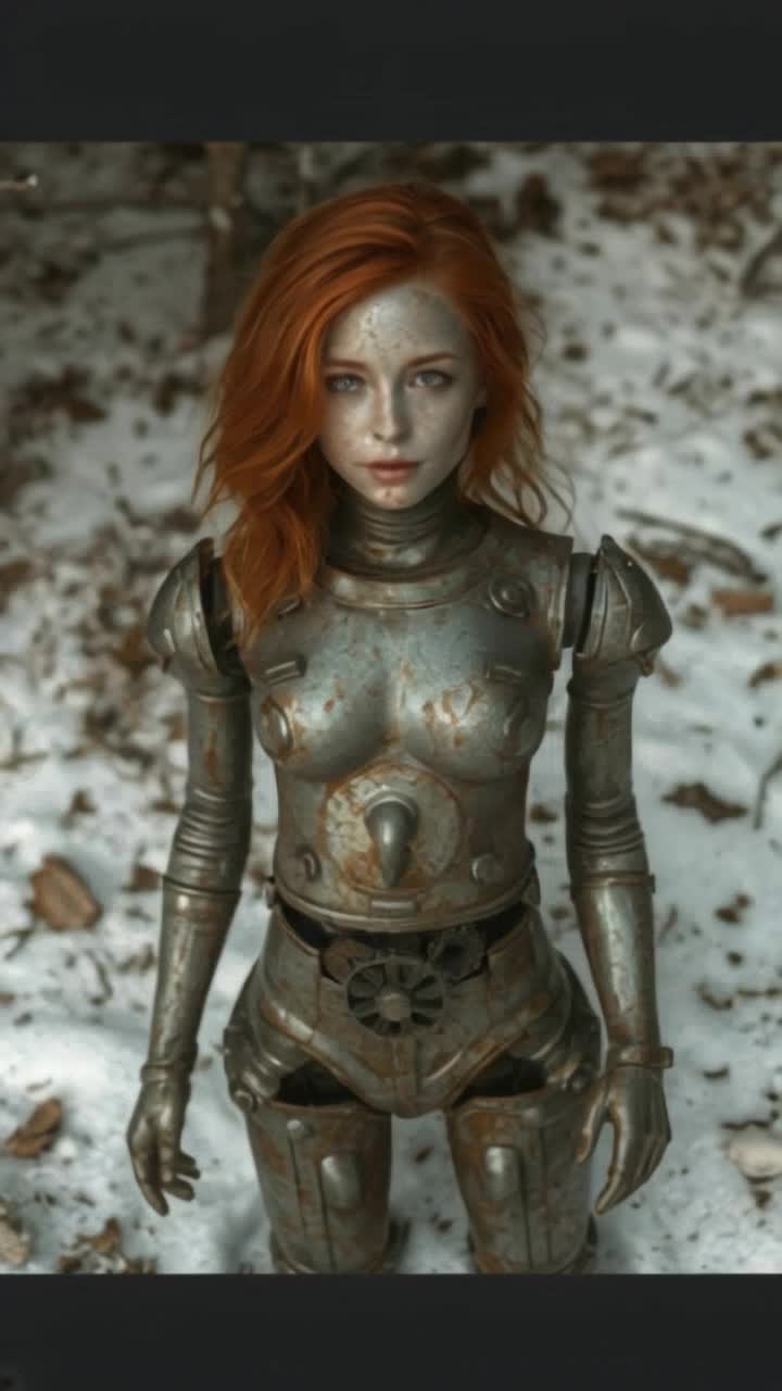 Beautiful red head robot with parts falling off her body to the ground
