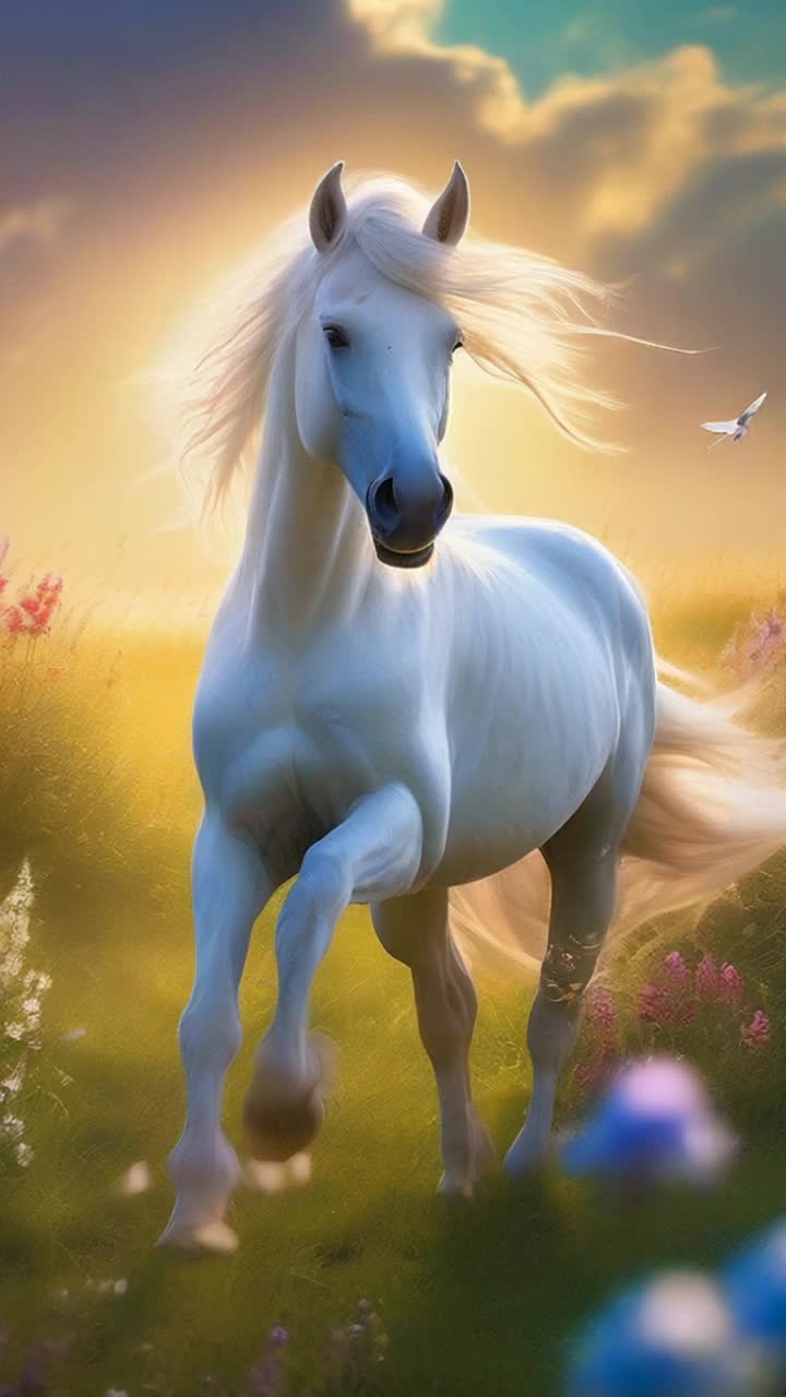 Majestic magical unicorn with a shimmering white coat gallops gracefully through a sea of vibrant wildflowers swaying softly in a gentle breeze Glorious rainbow arcs across an endless azure sky sparkling under warm golden sunlight Playful shadows dance across lush green grass glistening with morning dew while nature awakens to a new day melodious birds chirping in harmony with rustling leaves