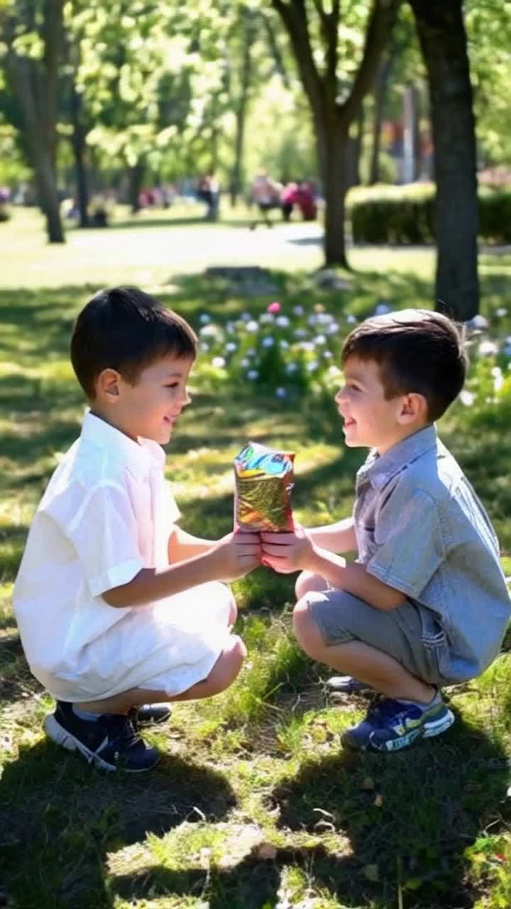 Two boys with contrasting appearances one cheerful and welldressed the other shabby yet brighteyed share a heartfelt moment A generous gesture unfolds as the first boy kneels offering a large shiny chocolate bar wrapped in colorful foil to the second boy who gazes in wideeyed surprise A sundappled park serves as a vibrant backdrop with blooming flowers swaying gently in the breeze tall trees casting playful shadows on the grass As laughter echoes around them children play in the distance adding warmth to this touching scene of kindness amidst a backdrop of summer joy