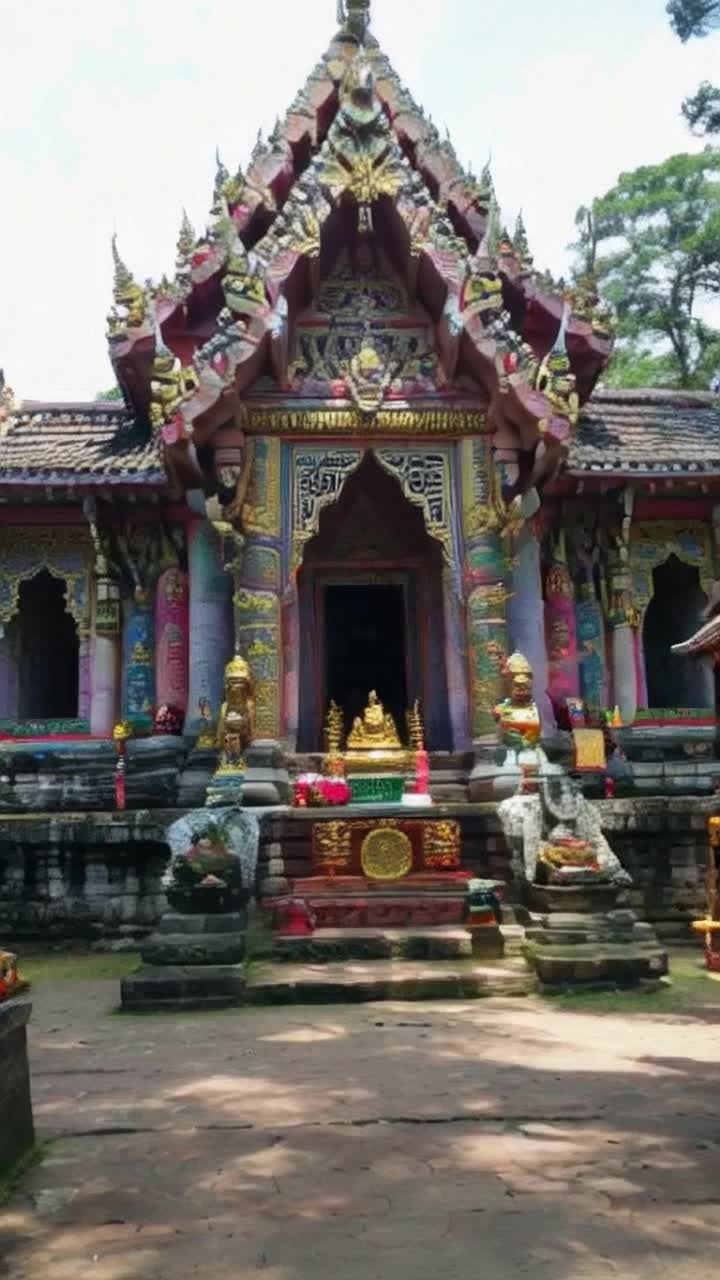 Ancient temple shrouded in mystique adorned with intricate carvings towering over lush greenery, Sacred figures of deities in vibrant hues radiate reverence, Reverent crowds gather united in devotion, Whispers of ancient stories echo through the air, Sunlight filters through swaying trees casting ethereal shadows, Vivid offerings laid before the altar flutter gently in the breeze, Pilgrims traverse sacred pathways reflecting tradition and faith intertwined, Rich tapestry of culture illuminated by prayers rising like incense smoke, Journey unfolds through time revealing secrets of devotion and longing
