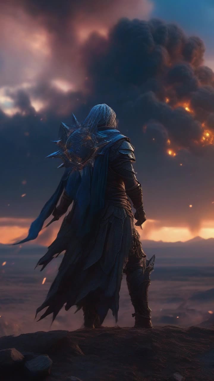 Chosen warrior radiates victorious energy surrounded by swirling wisps of brilliant blue light remnants of vanquished demon horde pulses with energy reflecting triumph from recent battle stunning landscape of charred earth and shattered crystals under a twilight sky ethereal clouds illuminated by fading echoes of magic shimmer in the distance
