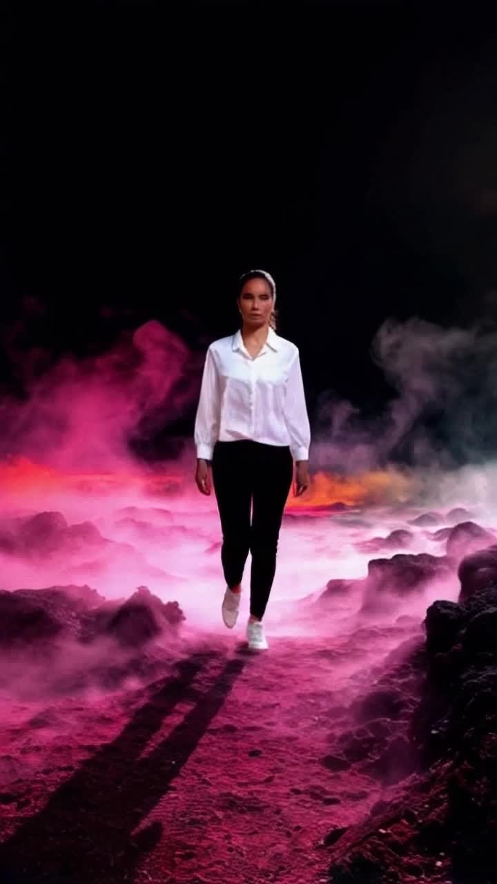 Individual stepping forward with fierce determination feet striking the ground purposefully rippling energy in each movement Surrounding surreal landscape blending shadows and bright swirls of color layers of ethereal mist parting revealing glimpses of vibrant identity hidden beneath artistry
