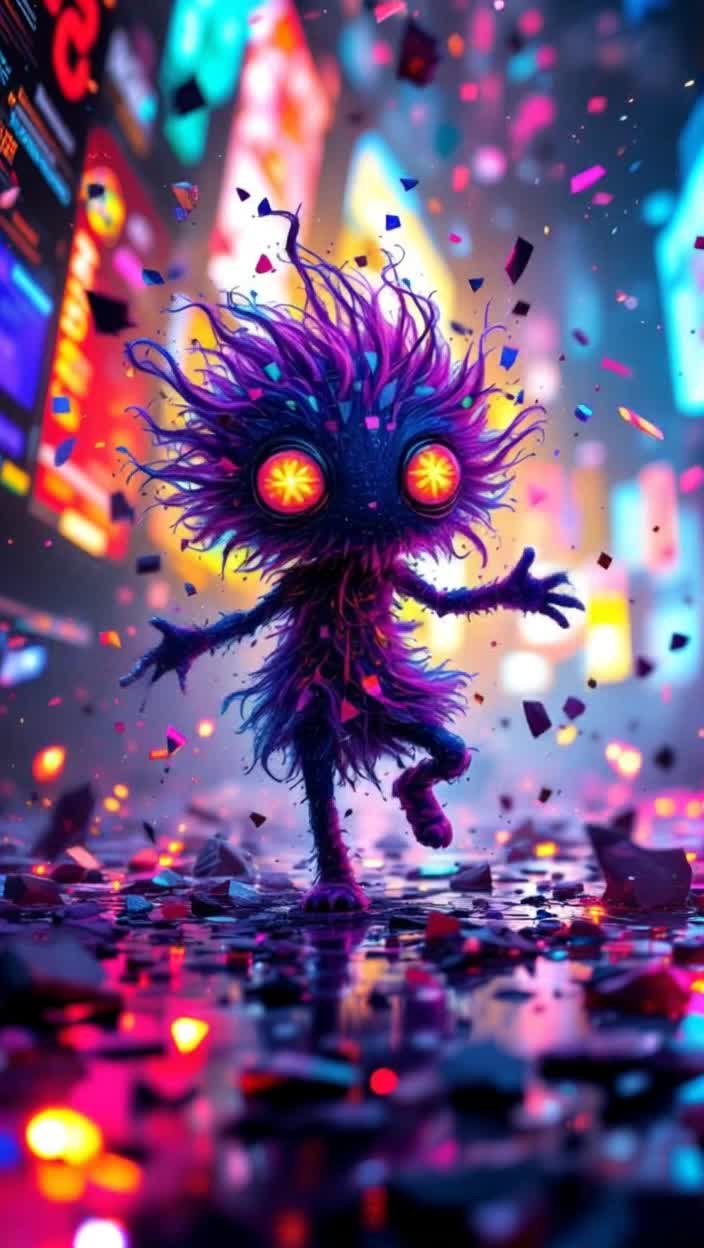 Whimsical creature with sparkling eyes glitching limbs dances frantically amidst a whirlwind of chaotic swirling colors Radiating confusion it spirals like a leaf in the wind against a backdrop of shattered digital screens Reflecting fragments of failed ideas jumbled text cryptic symbols Explosive bursts of pixelated chaos erupt around it as glitchy sounds echo in vibrant harmonies Surreal landscape unfolds with twisted pixels pulsating in rhythm dazzling display of imaginative disaster Capturing essence of wild creativity spiraling out of control prompting curiosity about enchanting yet bewildered being save the creature 